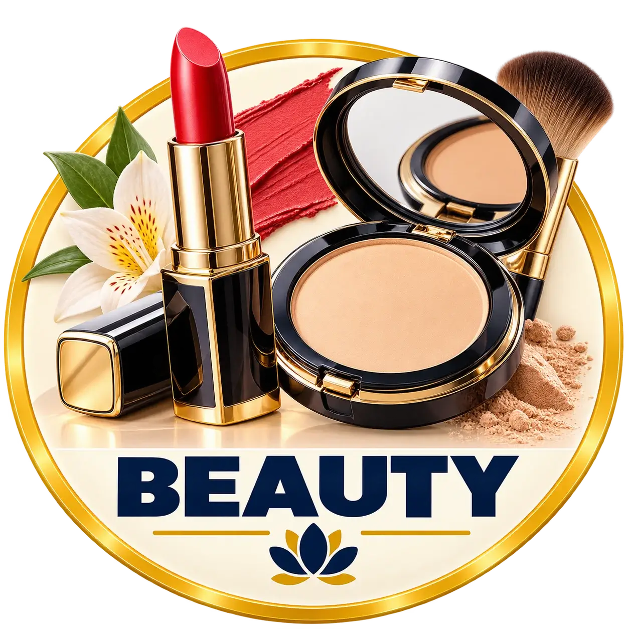 Beauty category icon — lipstick, compact powder & brush, Kanz Deals UAE & KSA
أيقونة قسم الجمال — أحمر شفاه، بودرة مضغوطة، وفرشاة مكياج، كنز العروض