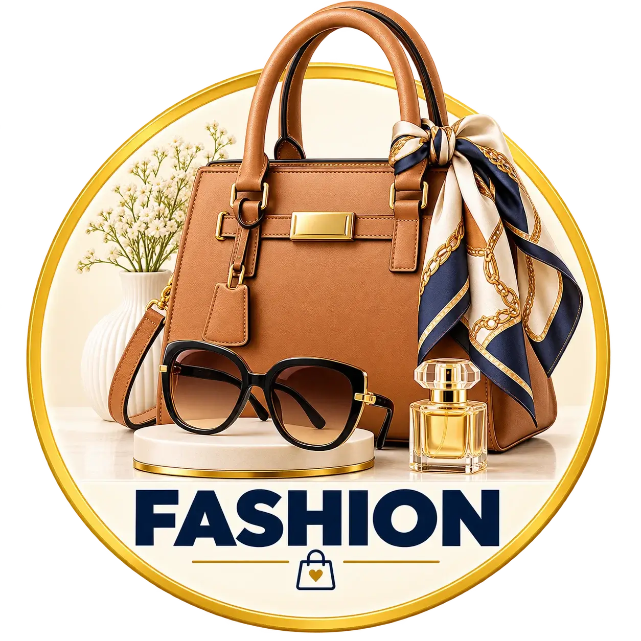 Fashion category icon — handbag, sunglasses & perfume, Kanz Deals UAE & KSA
 أيقونة قسم الأزياء — حقيبة يد، نظارة شمسية، وعطر، كنز العروض