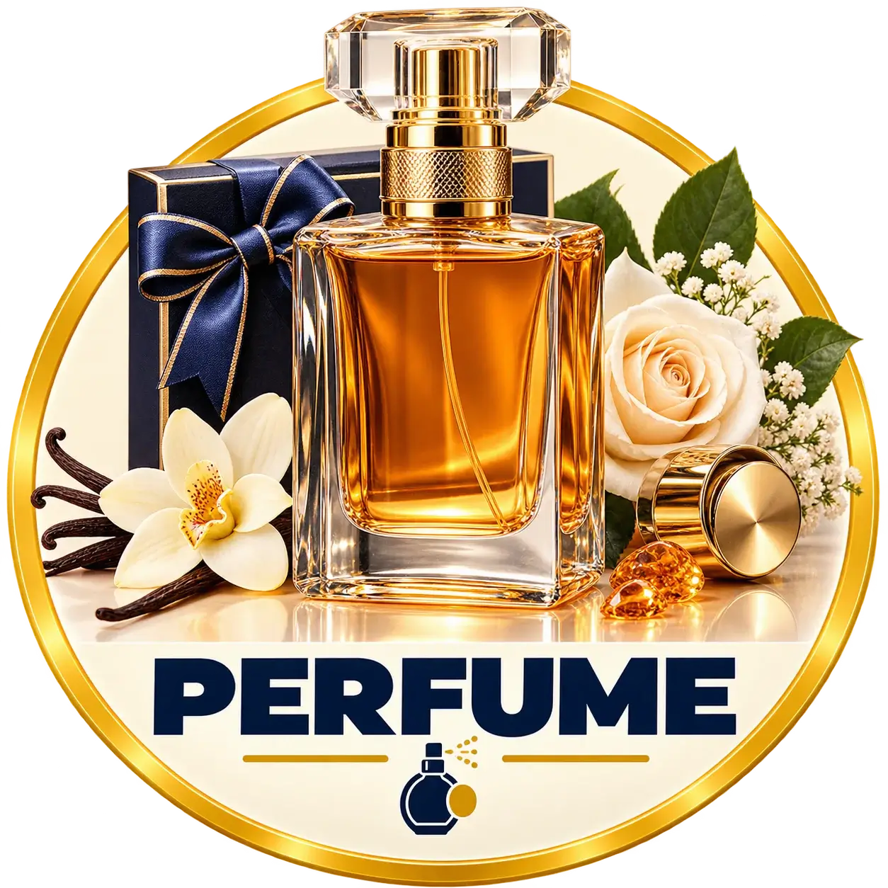 Perfume category icon — eau de parfum bottle with rose and gift box, Kanz Deals UAE & KSA
 أيقونة قسم العطور — زجاجة عطر مع وردة وعلبة هدية، كنز العروض