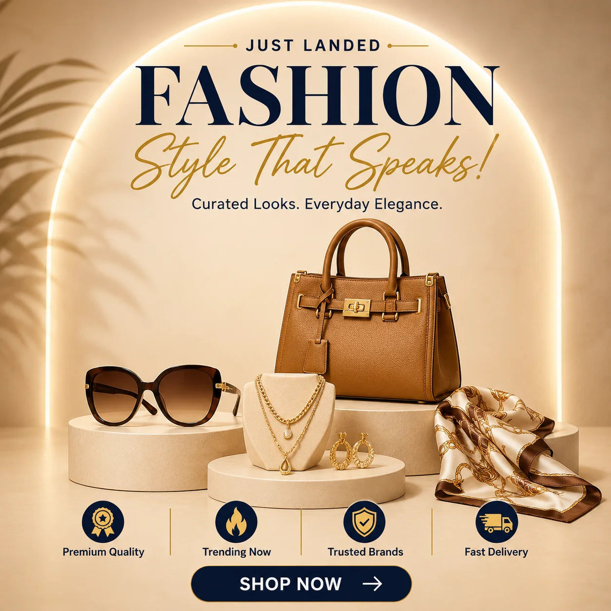 Fashion banner — handbag, sunglasses, jewelry & silk scarf, Kanz Deals UAE & KSA بانر الأزياء — حقيبة يد، نظارة شمسية، مجوهرات، ووشاح حرير، كنز العروض الإمارات والسعودية