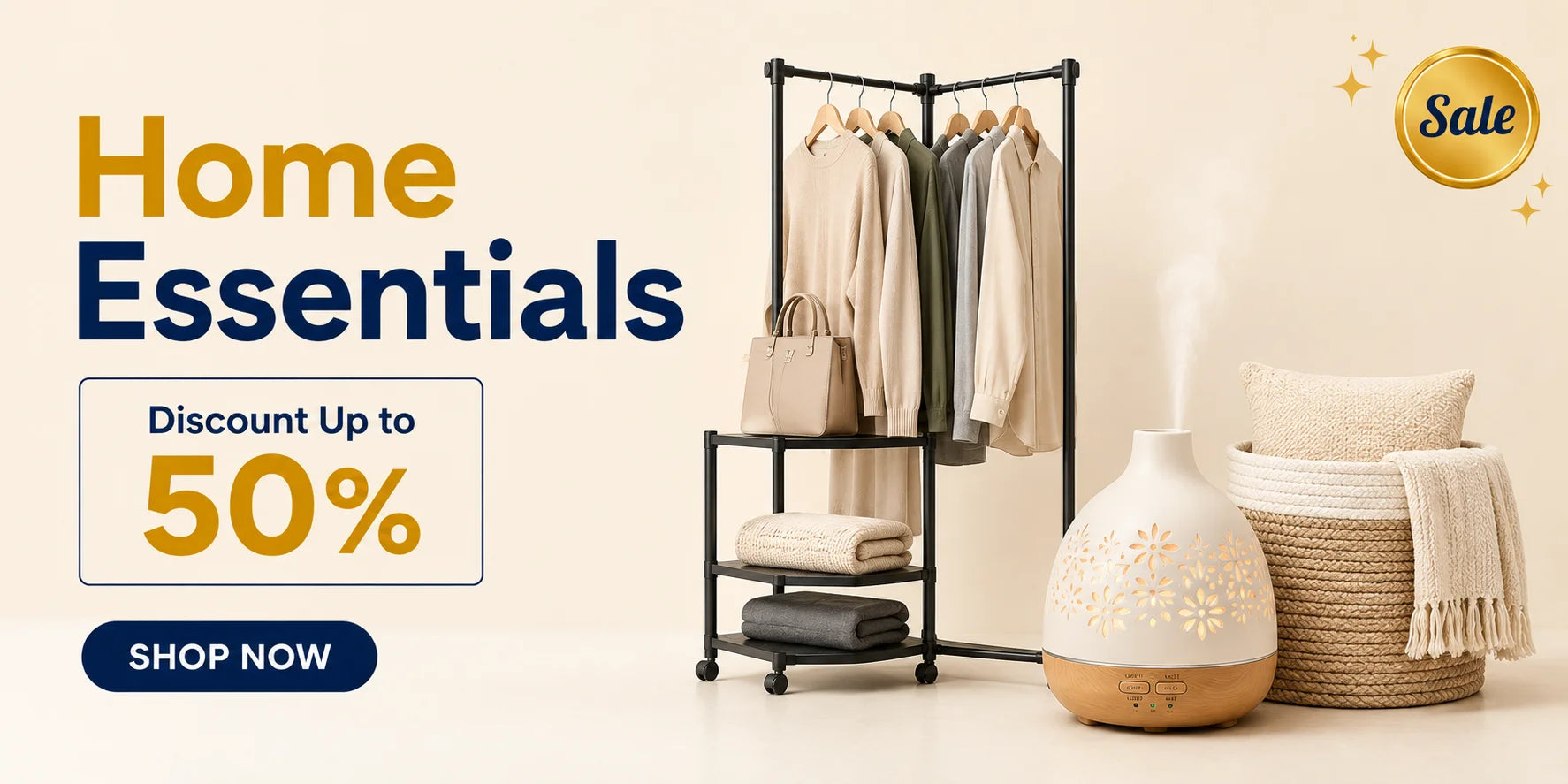Home Essentials 50% off sale banner — clothing rack, handbag & aroma diffuser, Kanz Deals UAE & KSA