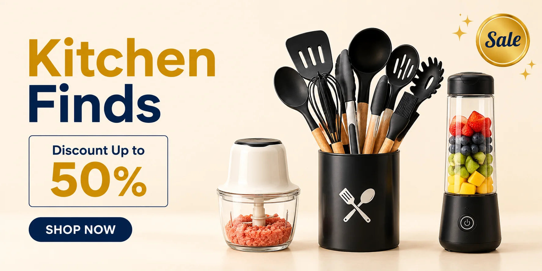 Kitchen Finds 50% off sale banner — utensil set, mini chopper & portable blender, Kanz Deals UAE & KSA