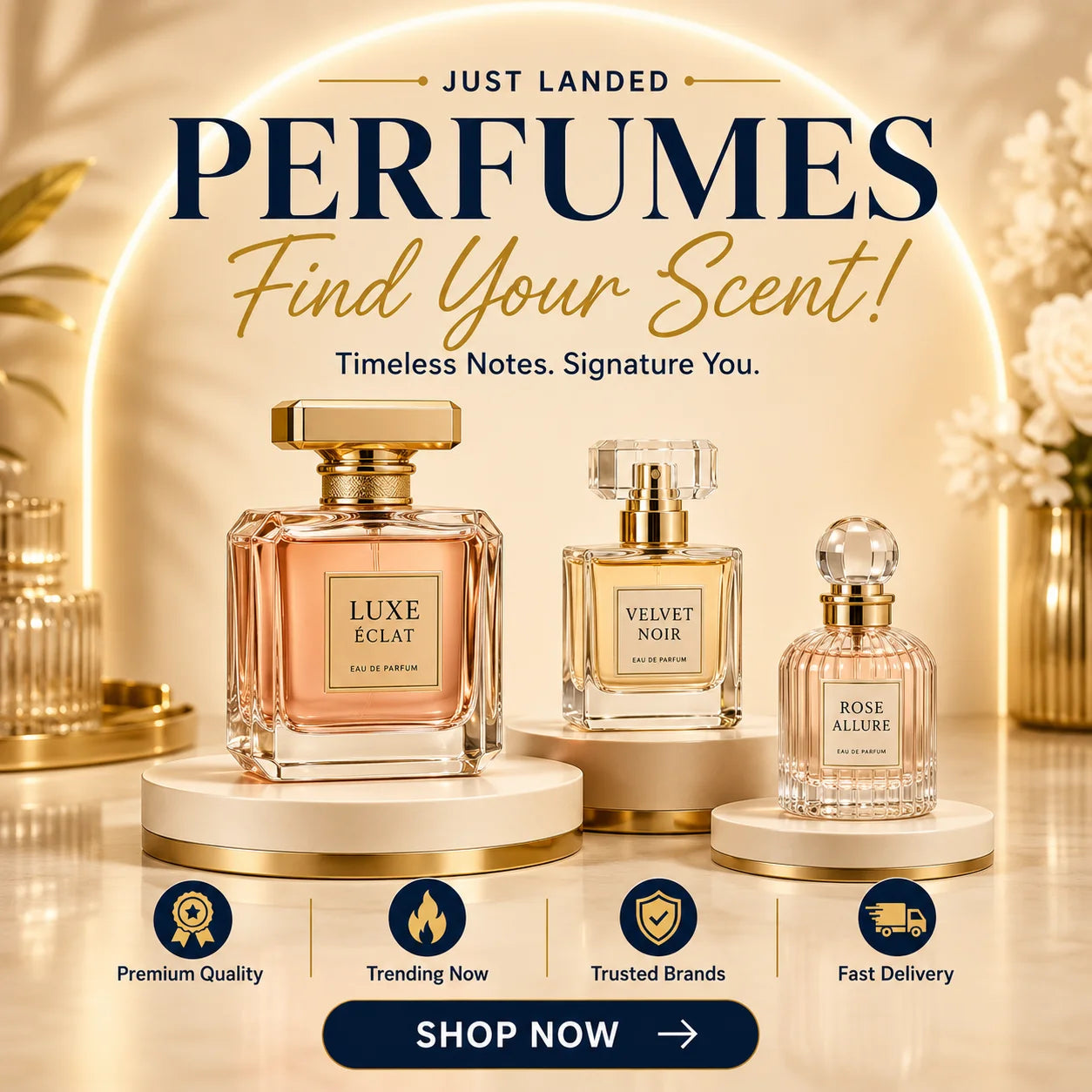 Perfumes banner — Luxe Éclat, Velvet Noir & Rose Allure eau de parfum bottles, Kanz Deals UAE & KSA بانر العطور — عطور لوكس إكلات، فيلفت نوار، وروز أليور، كنز العروض الإمارات والسعودية