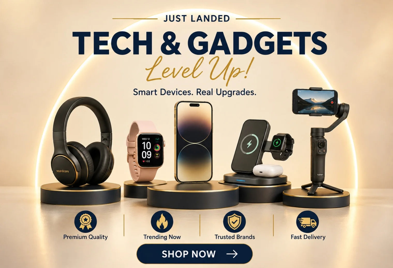 Tech & Gadgets banner — wireless headphones, smartwatch, charging stand & phone gimbal, Kanz Deals UAE & KSA