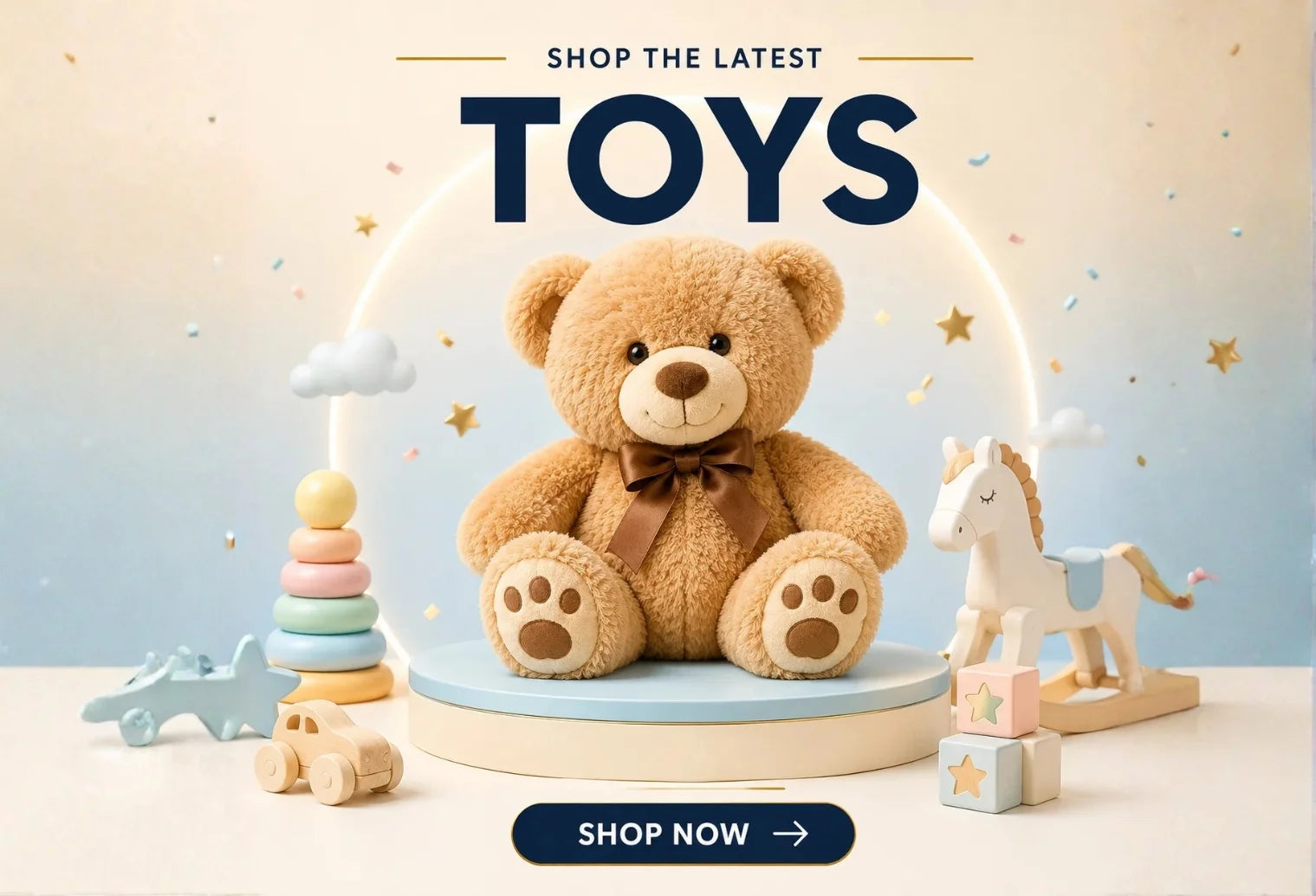 Shop the latest toys banner — plush teddy bear, wooden rocking horse & stacking rings, Kanz Deals UAE & KSA